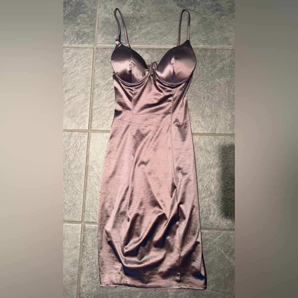 Charlotte Russe Elegant Satin Slip Dress Push Up Bra in Lavender Gray Size XS